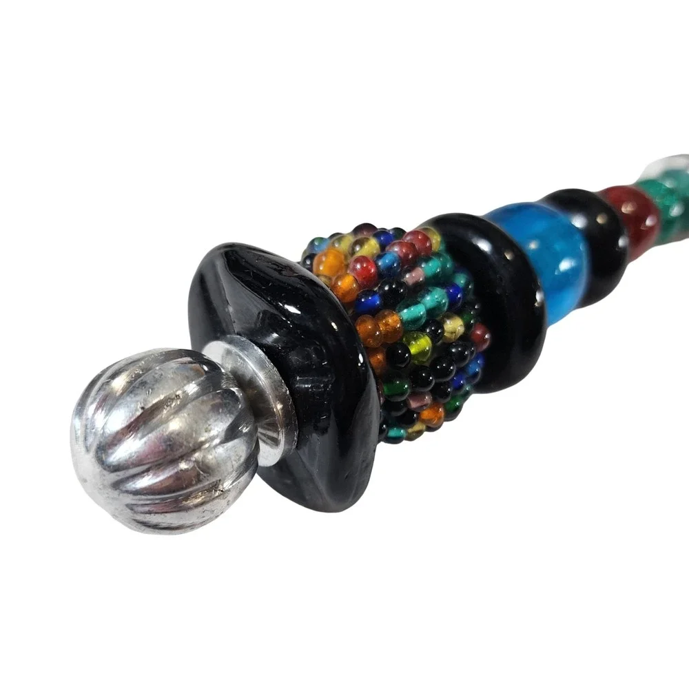 Artisan Handcrafted Beaded Serving Spoon Multicolor Glass Seed Beads Silver Tone
